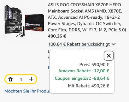 Mit aktiviertem Coupon sinkt der Preis auf 490,26 Euro.