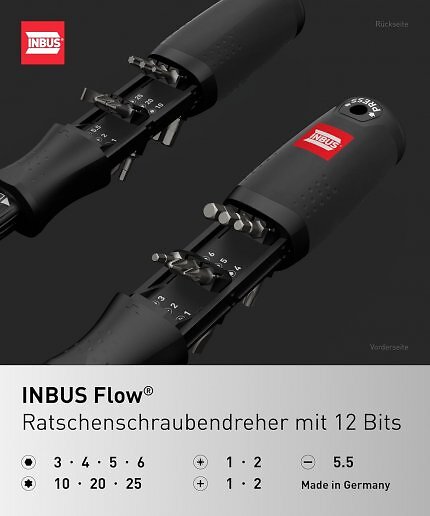 Der Ratschenschraubendreher Inbus Flow bietet 12 Bits und zehn Jahre Garantie.