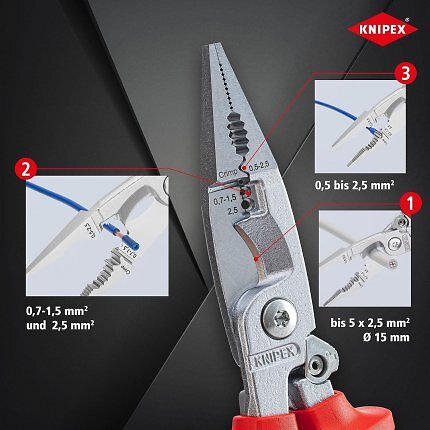 Die Knipex-Installationszange packt, isoliert ab, kann crimpen, aber auch schneiden.