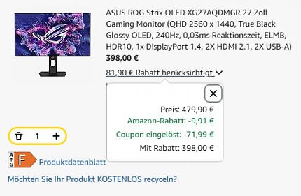 Der Coupon drückt den Preis des OLED-Monitors im Warenkorb auf 398 Euro.