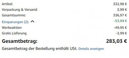 Beispielrechnung: 15 % gespart beim Kauf von 2 Sets aus der Rabattaktion