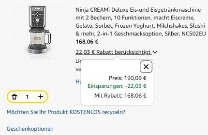 Gleiches Spiel bei der Ninja Creami Deluxe NC502EU: Auch hier spiegelt Amazon den Media-Markt-Preis mittels Extra-Rabatt.