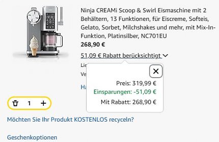 Amazon zieht mit: Bei der Ninja Creami Swirl NC701EU gibt es im Einkaufswagen 51,09 Euro Extra-Rabatt.