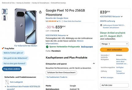 Nur 839 Euro? Amazon-Angebot vom 04.03.2026 für das Google Pixel 10 Pro mit 256 GiByte Speicher.