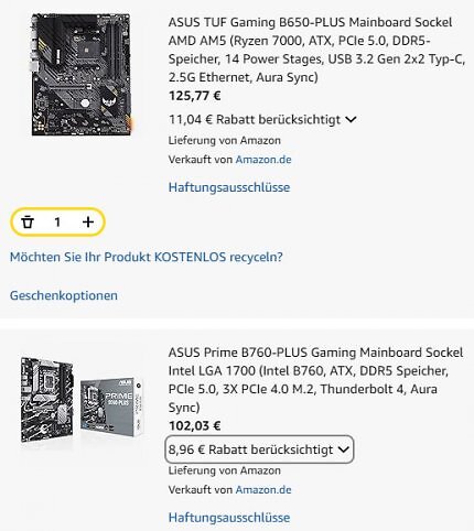 Bestellt man beide Mainboards, bleibt der Gesamtrabatt bei 20 Euro.