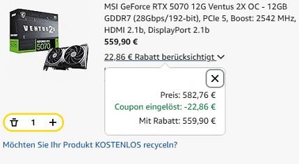 Der Coupon in Aktion: Der Preis für die Grafikkarte sinkt im Warenkorb auf 559,90 Euro.