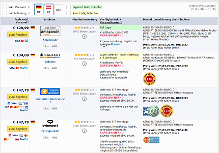 PCGH-Preisvergleich zum Wi-Fi-7-Router Asus RT BE90U. Niemand ist günstiger als Amazon (Stand: 25.03.2026).