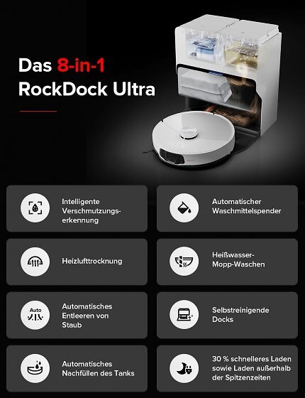 Der Roborock S8 MaxV Ultra bietet ein 8-in-1-Dock reinigt sicht selbst.