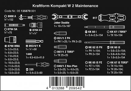 Das Wera Kraftform Kompakt W2 Wartung setzt auf einen Joker Maulschlüssel, die Zyklop Ratsche und VDE-Bits.