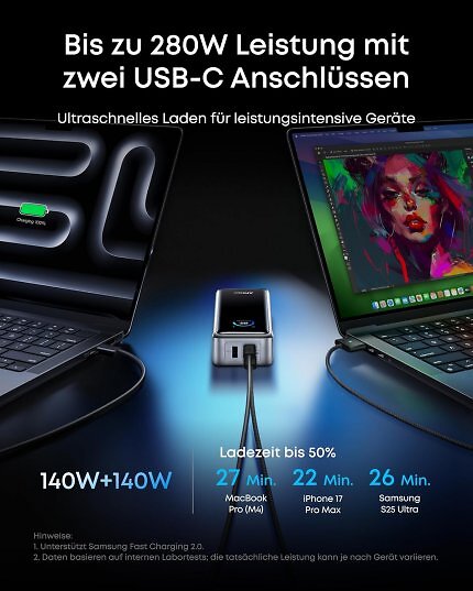 Schnellladung: Laut Anker kann man mit der Powerbank das MacBook Pro (M4) in 27 Minuten bis 50% laden.