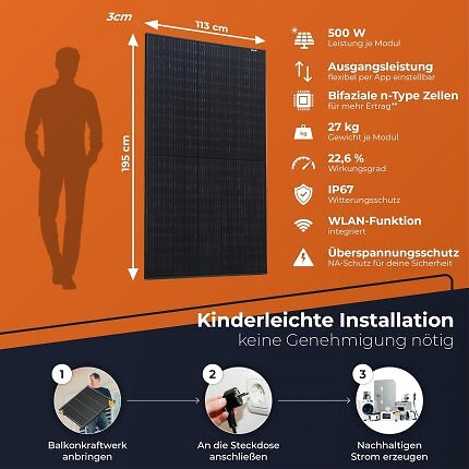 Das 1000-Wp-Balkonkraftwerk von Solarway setzt auf zwei bifaziale 500-Wp-Glas-Glas-Module.