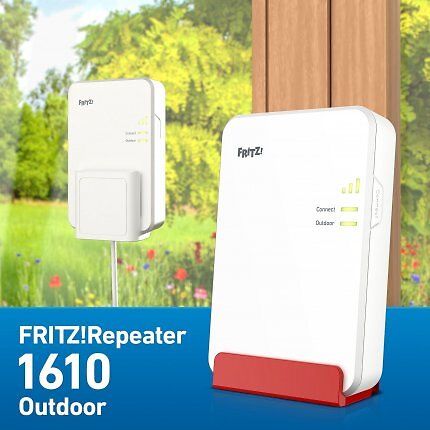 Der FritzRepeater 1610 kann außen und innen (mit rotem Standfuß) genutzt werden.