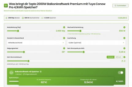 Neben der Stromersparnis zeigt der Balkonkraftwerksrechner von Tepto auch die Rendite.