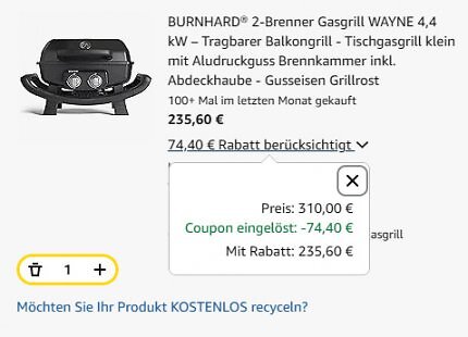 Der Coupon drückt den Preis um 74,40 Euro.