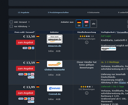 Amazon macht im Preisvergleich für die Wago Klemmen den besten Kurs (Stand: 06.Juni, 21:30 Uhr).