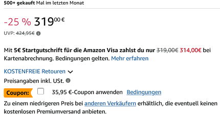 Per limitiertem Coupon zahlt man fast 36 Euro weniger als anderswo.