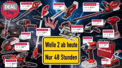 Welle 2 mit neuen Prime Day Deals: Einhell Trimmer für 34 €, Heckenschere 48, Multischleifer 29, Akkuschrauber, Koffer uvm.