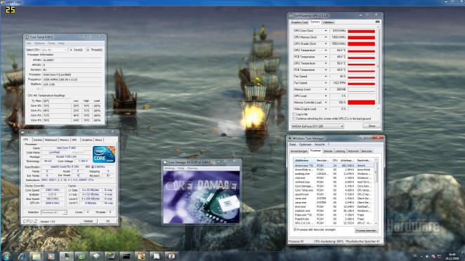 Unser Dauerstabilitätstest: Core Damage (normale Priorität) und Anno 1404 in der Endlosschleife (hohe Priorität); CPU-Z zeigt die übertaktete CPU, Core Temp verrät die CPU-Temperatur, GPU-Z die GPU-Temperatur.
