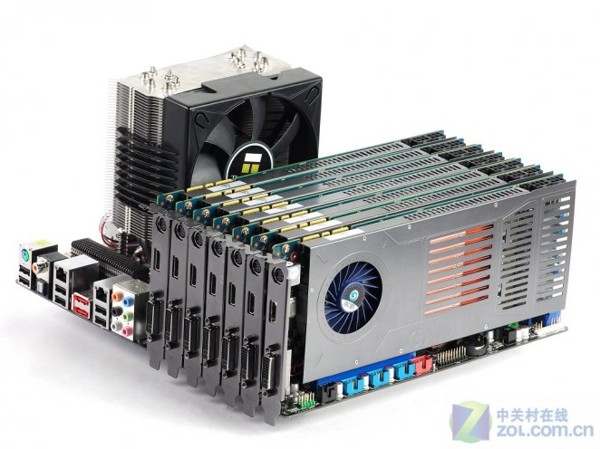 Gleich sieben Galaxy Geforce GTX 260 mit Single-Slot-Kühlung verbaut vga.zol.com.cn auf einem Asus P6T7 WS SuperComputer Mainboard. (10)