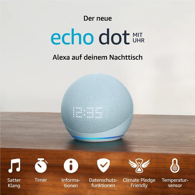 Der neue Echo Dot (5. Gen, 2022) mit Uhr | Smarter Lautsprecher mit Uhr und Alexa | Graublau