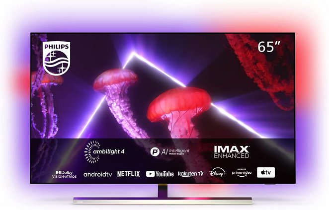 Philips 65OLED807 164 cm (65 Zoll) Fernseher (4K UHD, OLED, HDR10+, 120 Hz, Dolby Vision & Atmos, 4-seitiges Ambilight, Smart TV mit Google Assistant, Works with Alexa, Triple Tuner, Silber) [Energieklasse G]