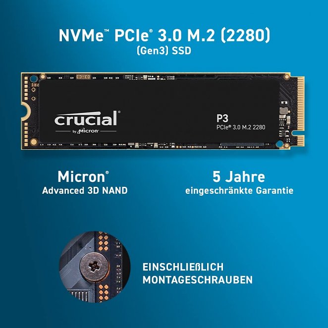 Crucial P3 500GB CT500P3SSD8 PCIe 3.0 3D NAND NVMe M.2 SSD, Bis zu 3500 MB/s