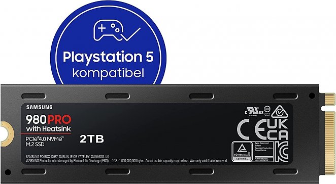 Samsung 980 PRO M.2 NVMe SSD (MZ-V8P2T0CW), 2 TB, PCIe 4.0, 7.000 MB/s Lesen, 5.000 MB/s Schreiben, Internes Solid State Drive, inklusive Heatsink, kompatibel mit Playstation 5