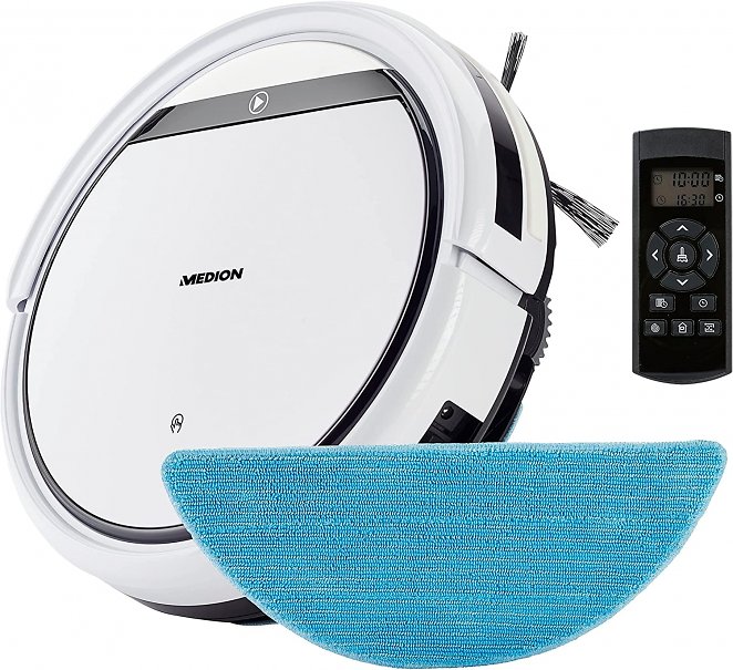 MEDION Saugroboter mit Wischfunktion E32 SW (Modell 2021, 2in1 Roboterstaubsauger für Böden Fliesen, Tierhaare Allergiker optimiert, Fernbedienung, Ladestation)