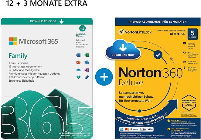 Microsoft 365 Family 12+3 Monate | 6 Nutzer | Mehrere PCs/Macs, Tablets & mobile Geräte | Download Code + NORTON 360 Deluxe | 5 Geräte |15 Monate mit Automatischer Verlängerung| Download Code