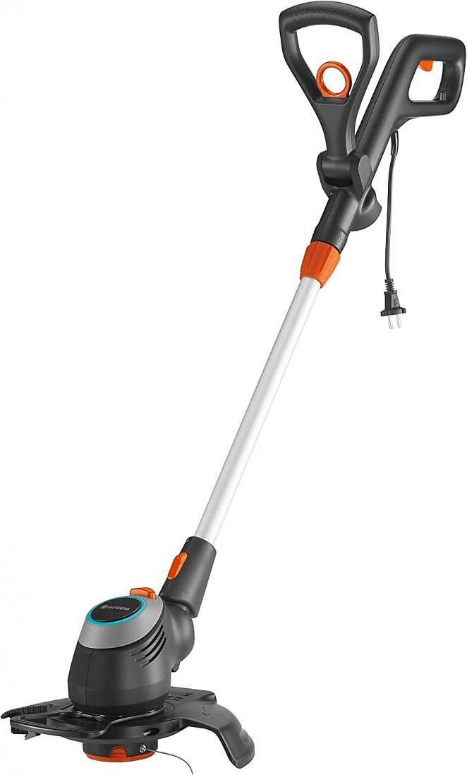 Gardena PowerCut 650/28 Elektro-Trimmer: Rasentrimmer mit 280 mm Schnittkreis, Ø 28cm, 650W Motorleistung, Pflanzenschutzbügel ausklappbar