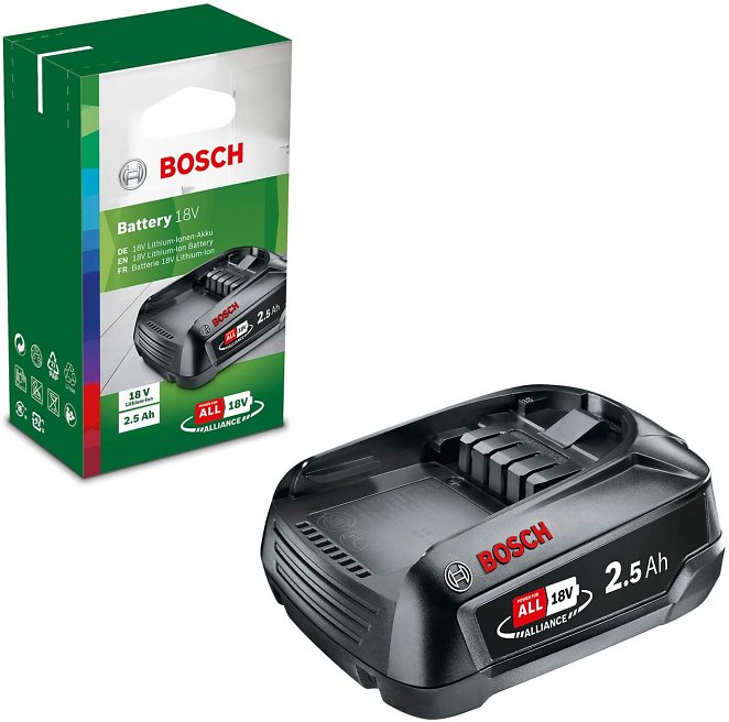 Bosch 18 Volt Ersatz Akku (2,5 Ah, kompatibel mit allen Geräten des grünen Bosch Home & Garden 18 Volt Systems