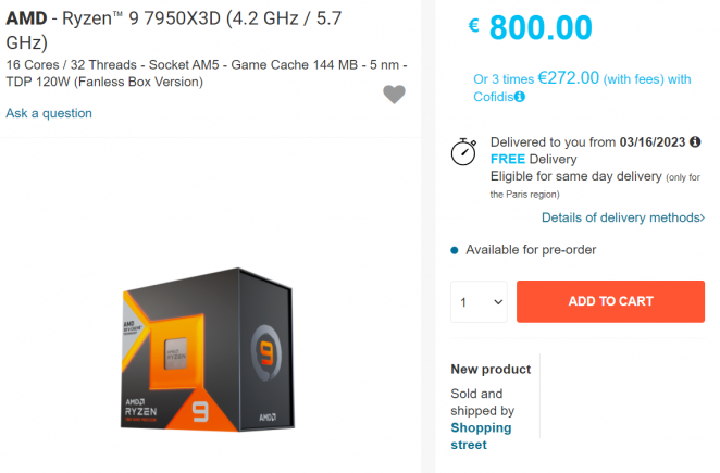 Auf der Webseite eines französischen Einzelhändlers war ein Ryzen 9 7950X3D, der Ende Februar erscheint, für 800 Euro gelistet.