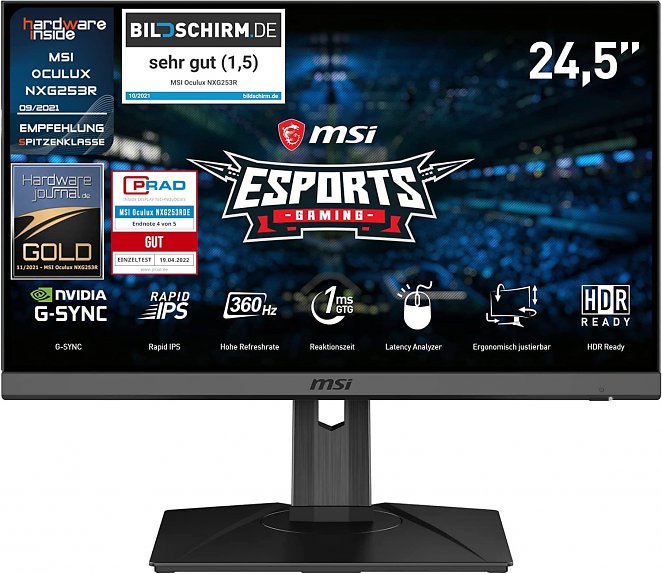 MSI Oculux NXG253RDE 24,5 Zoll FHD Esports Gaming Monitor - 1920x1080 Rapid-IPS Panel, 360 Hz/1 ms GtG, G-SYNC, HDR, Mystic Light, einstellbarer Standfuss /VESA, DP 1.4, HDMI 2.0b, Schwarz
