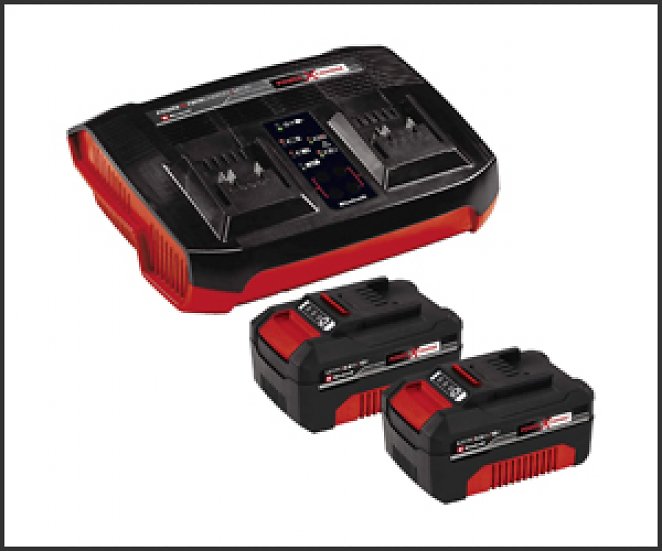 Original Einhell Starter Kit 2x 4,0 Ah Akkus und Twincharger Power X-Change (Li-Ion, 18 V, 75 min Ladezeit, passend für alle Power X-Change Geräte)