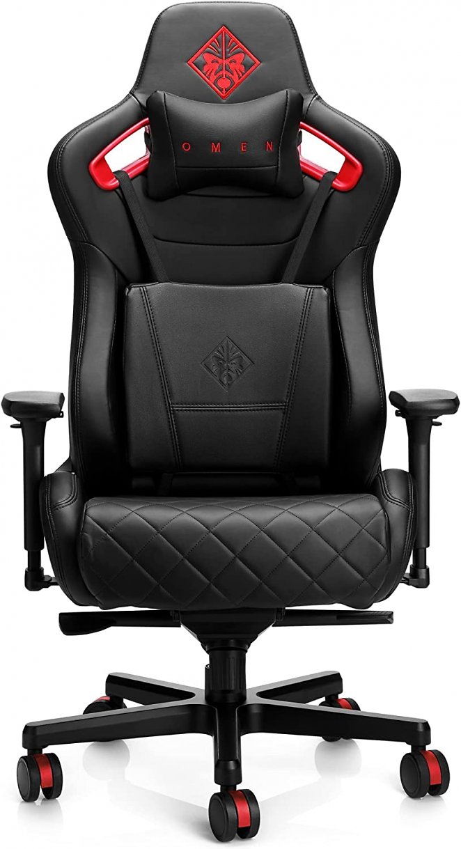 HP Citadel Gaming Stuhl (Bürostuhl, Schreibtischstuhl, höhenverstellbar, Lendenkissen, Kopfkissen, 4D verstellbare Armlehnen) schwarz / rot