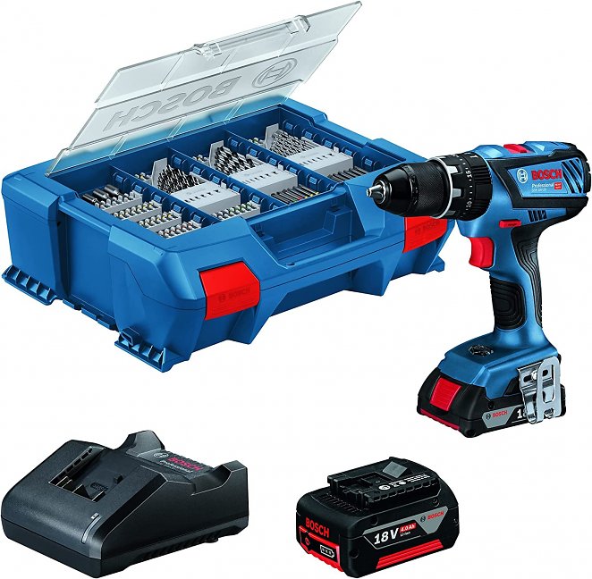 Bosch Professional 18V System Akku-Schlagbohrschrauber GSB 18V-28 (inkl. 1x2.0 Ah Akku, 1x 4.0 Ah Akku, Ladegerät GAL 18V-20, L-Case Pick&Click mit 100-teiligem Zubehör-Set) - Amazon Exclusive Set