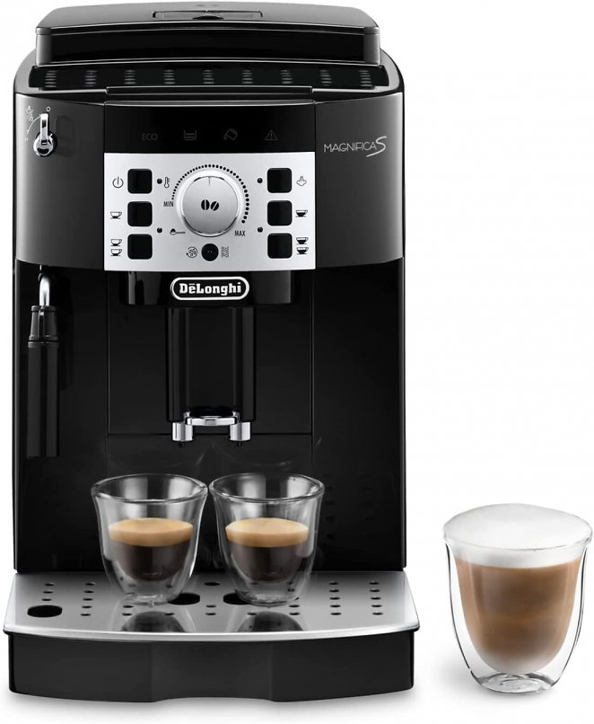 De'Longhi Magnifica S ECAM 22.110.B Kaffeevollautomat mit Milchaufschäumdüse für Cappuccino, Direktwahltasten für Espresso und Kaffee, 2-Tassen-Funktion, 1,8 Liter Wassertank, schwarz/silber
