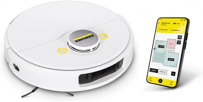 Kärcher Saugroboter RCV 5 mit Wischfunktion, App-Steuerung, LiDAR-Laser-Navigation, Dual-Laser und KI, Kartierung, Raum- und Hinderniserkennung, 5000 Pa, 120 min Laufzeit, für Hartböden und Teppiche