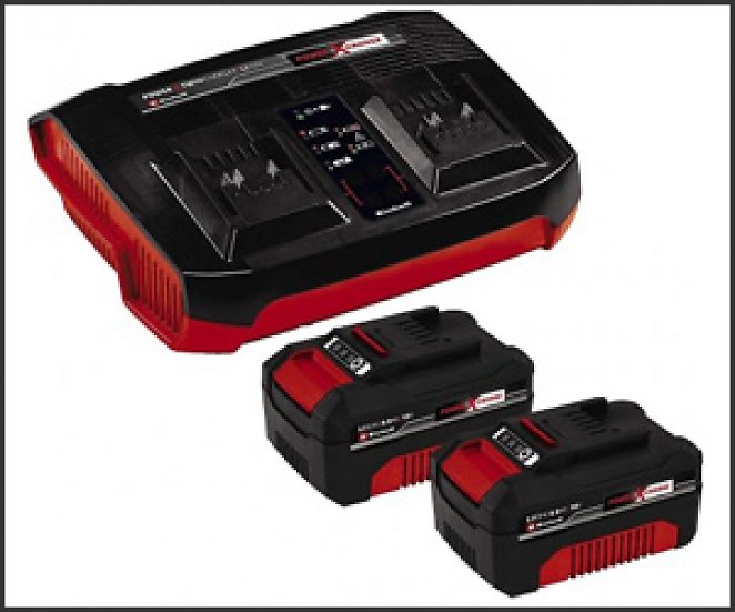 Original Einhell Starter Kit 2x 4,0 Ah Akkus und Twincharger Power X-Change (Li-Ion, 18 V, 75 min Ladezeit, passend für alle Power X-Change Geräte)
