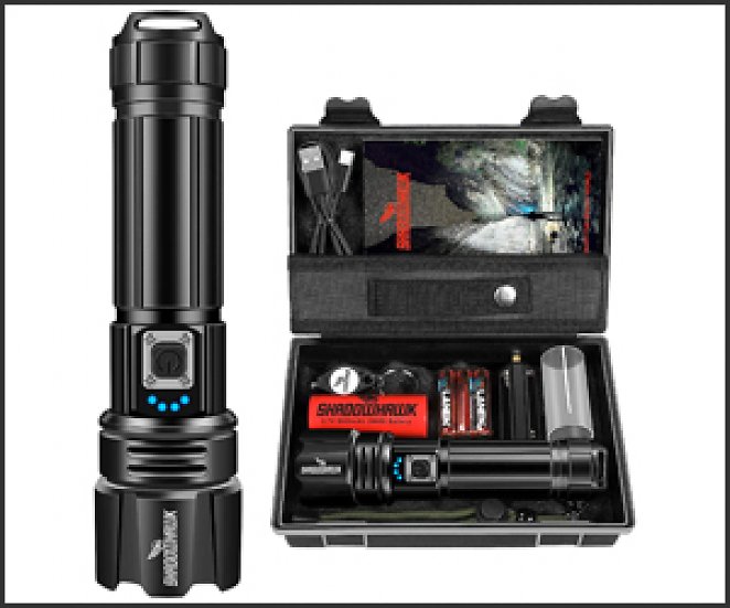 Shadowhawk Taschenlampe LED, extrem helle Taschenlampe, USB aufladbar, taktische Taschenlampen mit holster XHP70.2, IP67 Wasserdicht, 5 Lichtmodi für Camping, Wandern, Notfälle (26650 Akku)