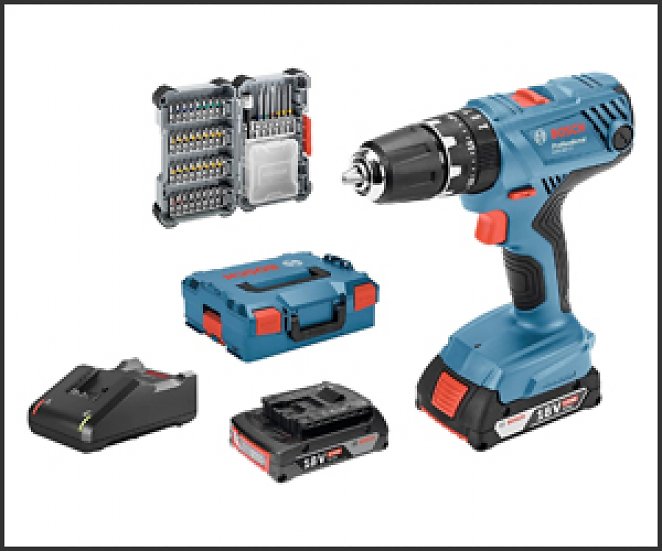 Bosch Professional 18V System Akku Schlagbohrschrauber GSB 18V-21 (inkl. 2x2,0 Ah Akku, 40tlg. Zubehör Set, in L-BOXX) - Amazon Exclusive Set