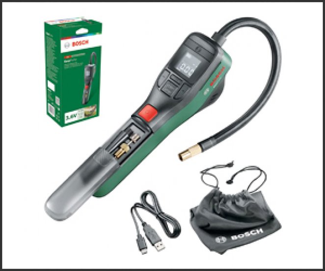Bosch elektrische Fahrradpumpe / Luftpumpe / Mini Kompressor EasyPump (3,0 Ah Akku, 3,6 Volt, Autostop-Funktion, 150 PSI, 10,3 bar, LED, über USB-C wiederaufladbar)