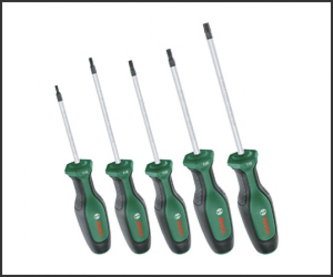 Bosch Schraubendreher-Set TX, 5-teilig (Hochwertiger Schraubenzieher- Satz für Heimwerker; erstklassiger S2-Stahl; Softgrip; magnetische Spitze; Torx)
