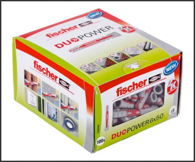 fischer DUOPOWER 6 x 50, Universaldübel, leistungsstarker 2-Komponenten-Dübel, Kunststoffdübel zur Befestigung in Beton, Ziegeln, Stein, Gipskarton uvm., ohne Schrauben, 100 Stück