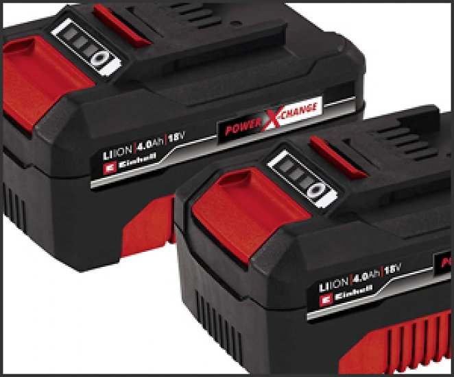Original Einhell Akku PXC-Twinpack 4,0 Ah Power X-Change Volks.Akku (Li-Ion, 18 V, 2x 4,0 Ah, für alle PXC-Geräte geeignet, proaktives Batteriemanagement, situativ angepasste Ladezyklen)