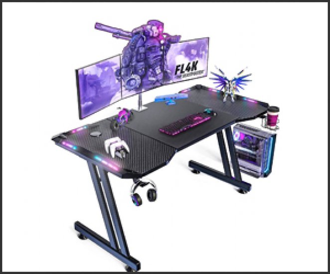 HLONONE 140 x 60cm Gaming Tisch, Gaming Schreibtisch mit LED, PC Tisch Gaming mit Kohlefaseroberfläche, Stabiler Computertisch für Gaming und Home Office mit Kopfhörerhaken und Getränkehalter