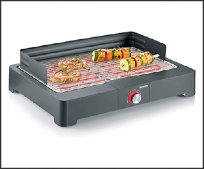 Severin Tischgrill mit Edelstahl-Grillrost für drinnen und draußen, Elektrogrill mit schnellem Grill-Start, Balkon Grill ohne Verbrennungsgefahr, Schwar