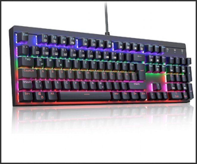 Mechanische Gaming Tastatur, QWERTZ Tastatur (German Layout) mit Blaue Schalter für PC Gamer und Arbeits, 105 Tasten Kabelgebundene Tastatur, ABS-Tastaturabdeckung und Stahlgehäuse, 6 LED-Farbmodi