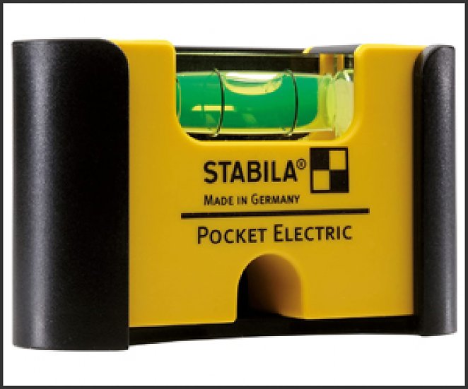 Stabila Mini-Wasserwaage Pocket Electric mit Gürtel-Clip, 7 cm, starker Seltenerd-Magnet, 1 Horizontal-Libelle