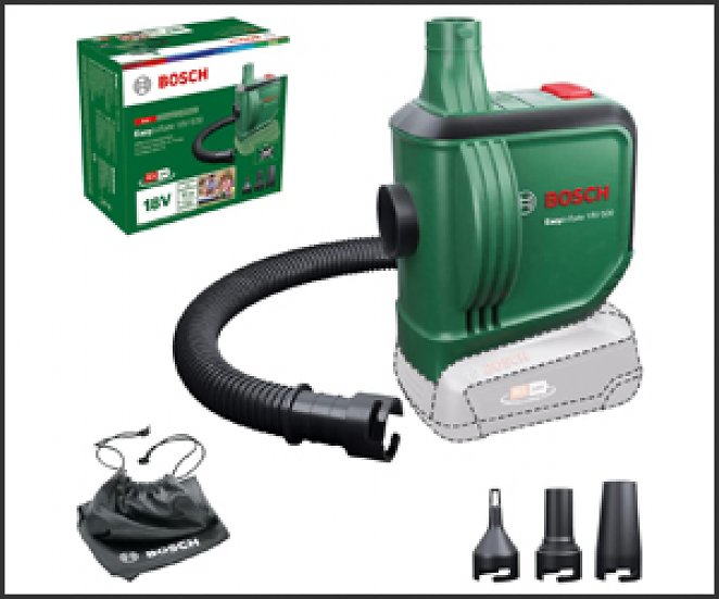 Bosch Easy Inflate 18V-500, elektrische Luftpumpe zum Aufblasen und Entleeren mit 50-cm-Schlauch, 3 Düsen